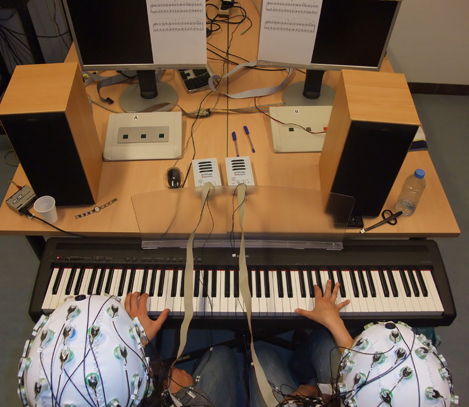 Image of two pianists with EEG caps
